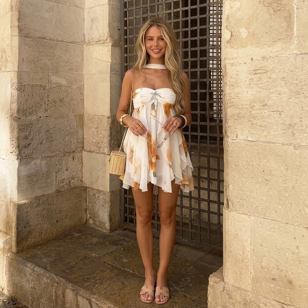 Saint-Tropez Citrus Tiered Chiffon Dress